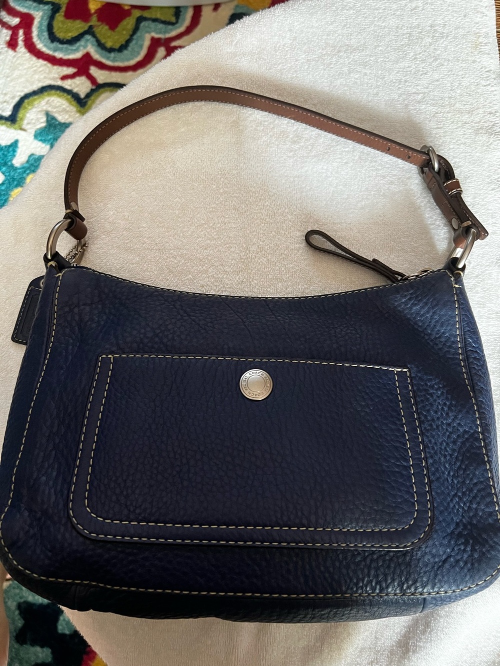 Coach Chelsea Navy Pebbled Leather Shoulder Bag with Brown Accent Strap
